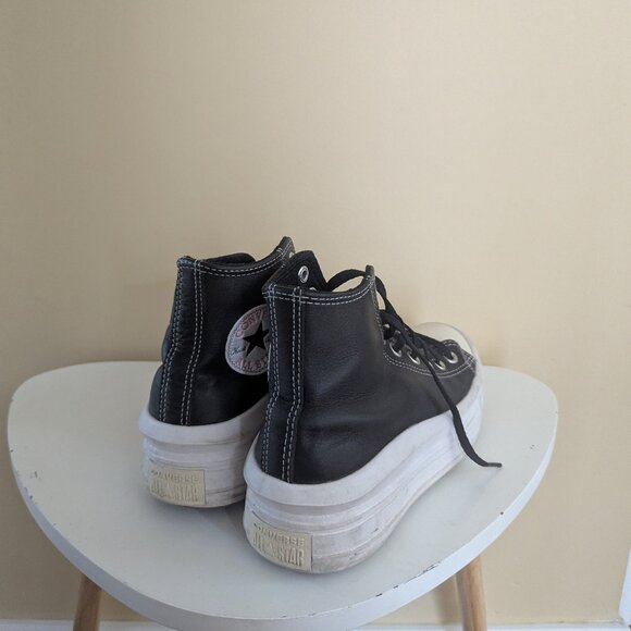CONVERSE BLACK LEATHER PLATFORM HI TOP SNEAKERS - Picture 3 of 4